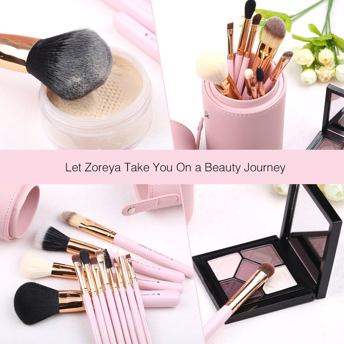 12-Piece Pink Synthetic Makeup Brush Set with Travel Holder and Organizer, Including Foundation, Powder, Contour, Blush, Eye Brushes, and Bonus Makeup Sponge
