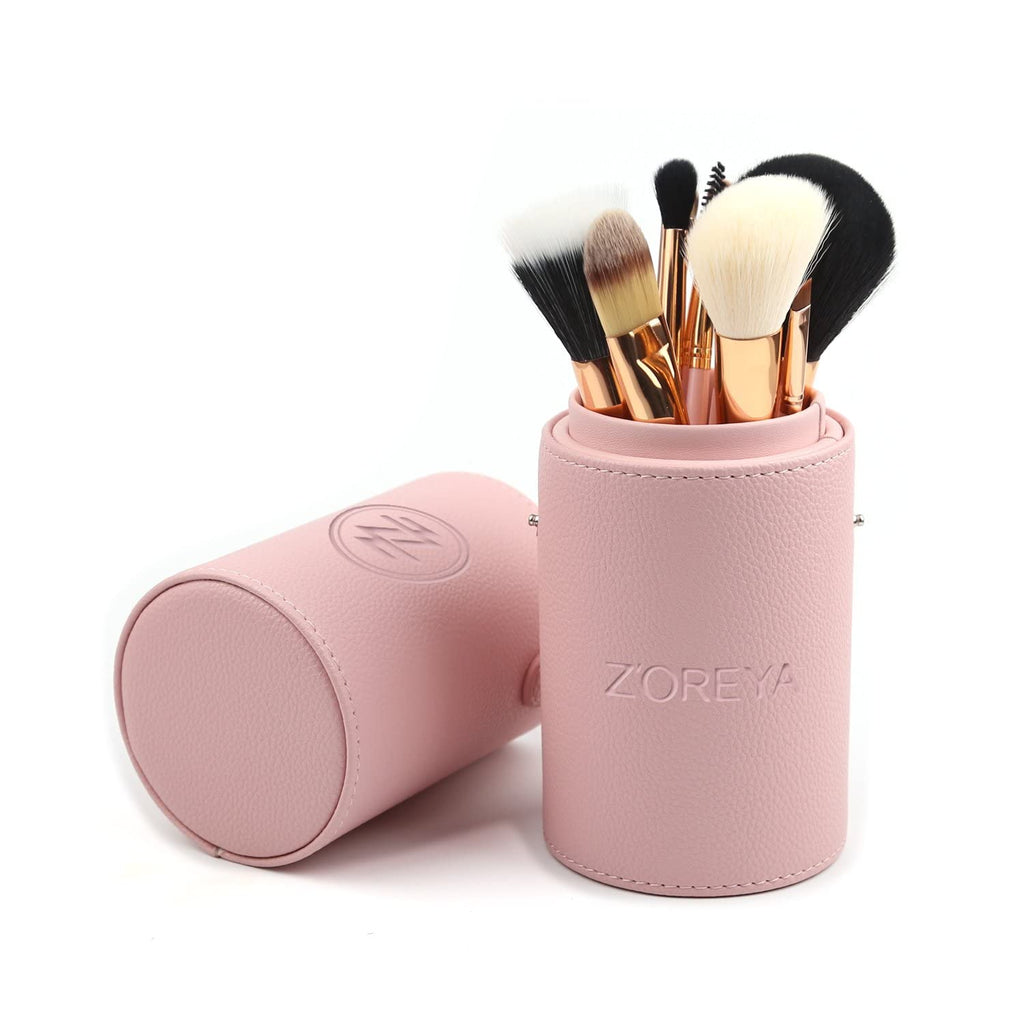 12-Piece Pink Synthetic Makeup Brush Set with Travel Holder and Organizer, Including Foundation, Powder, Contour, Blush, Eye Brushes, and Bonus Makeup Sponge