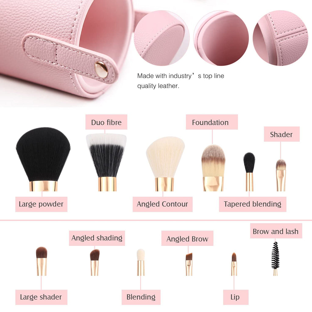 12-Piece Pink Synthetic Makeup Brush Set with Travel Holder and Organizer, Including Foundation, Powder, Contour, Blush, Eye Brushes, and Bonus Makeup Sponge