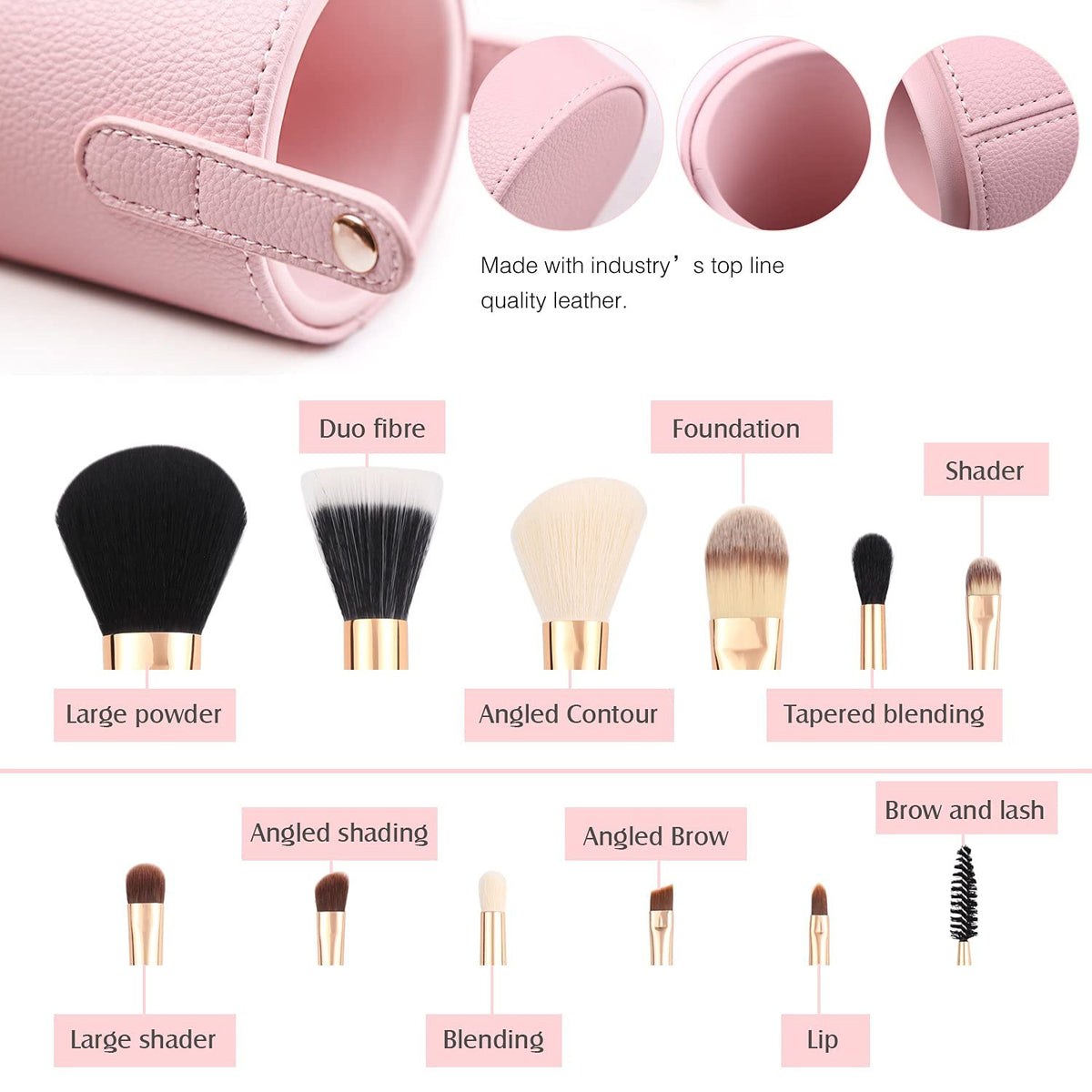 12-Piece Pink Synthetic Makeup Brush Set with Travel Holder and Organizer, Including Foundation, Powder, Contour, Blush, Eye Brushes, and Bonus Makeup Sponge