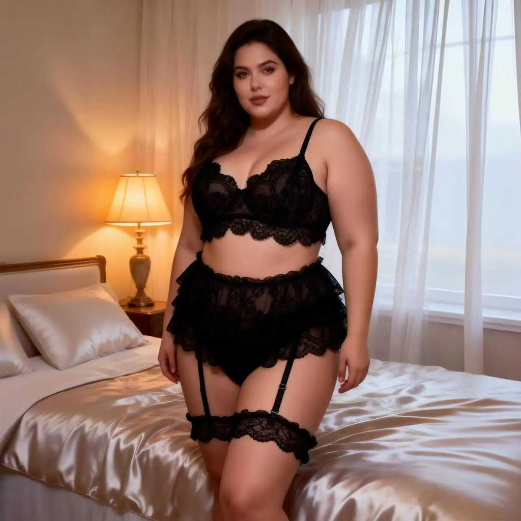 Women'S plus Size 5-Piece Floral Print Teddy Lingerie Set - Underwire Mesh Bra, Corset Bikini, Detachable Lace Thigh Garters, Elegant Accessory, Polyester Blend Soft Intimate Wear, Machine Washable,Sohochic