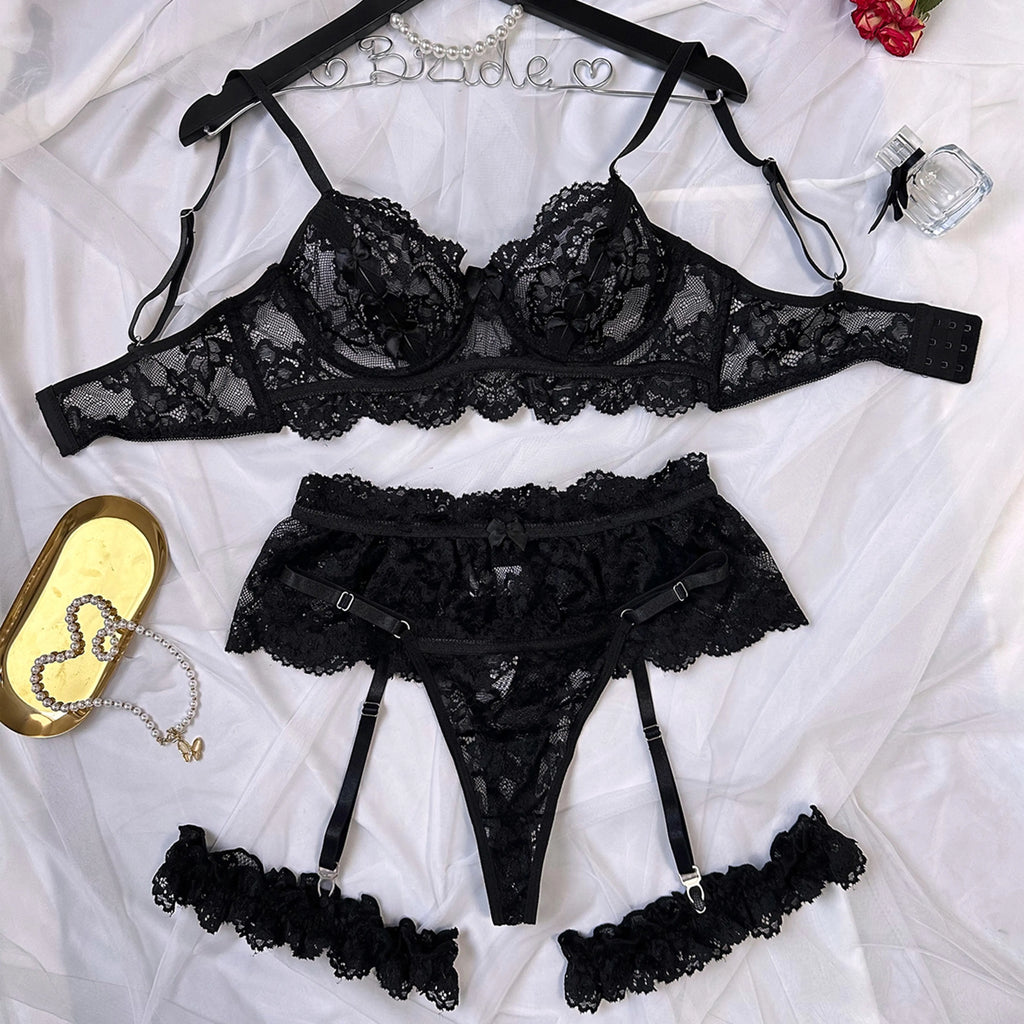 Women'S plus Size 5-Piece Floral Print Teddy Lingerie Set - Underwire Mesh Bra, Corset Bikini, Detachable Lace Thigh Garters, Elegant Accessory, Polyester Blend Soft Intimate Wear, Machine Washable,Sohochic