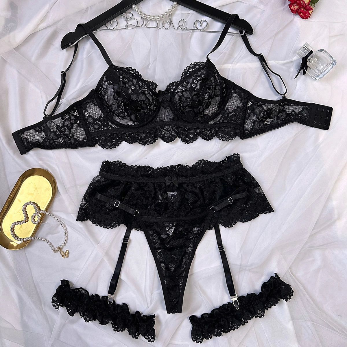 Women'S plus Size 5-Piece Floral Print Teddy Lingerie Set - Underwire Mesh Bra, Corset Bikini, Detachable Lace Thigh Garters, Elegant Accessory, Polyester Blend Soft Intimate Wear, Machine Washable,Sohochic
