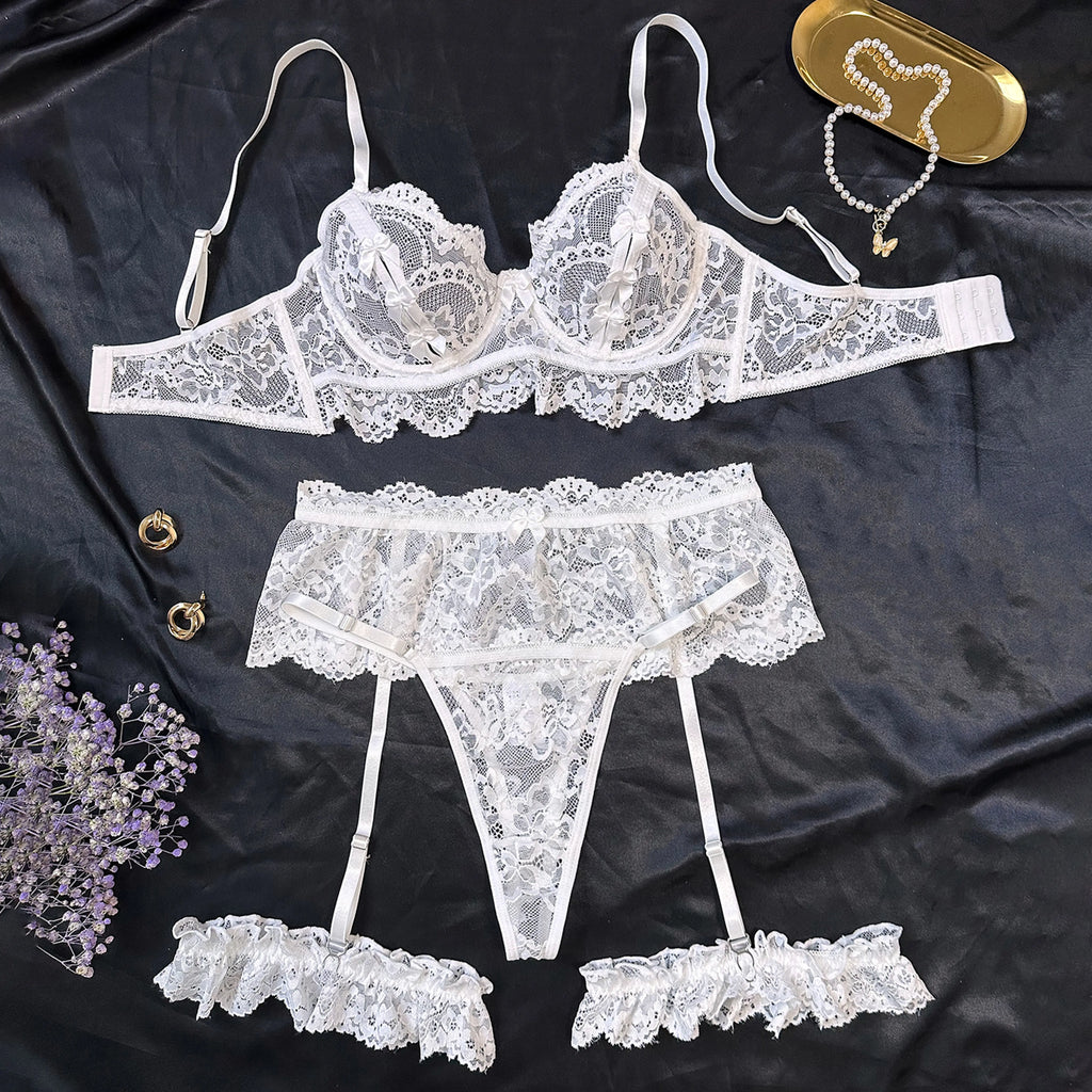 Women'S plus Size 5-Piece Floral Print Teddy Lingerie Set - Underwire Mesh Bra, Corset Bikini, Detachable Lace Thigh Garters, Elegant Accessory, Polyester Blend Soft Intimate Wear, Machine Washable,Sohochic