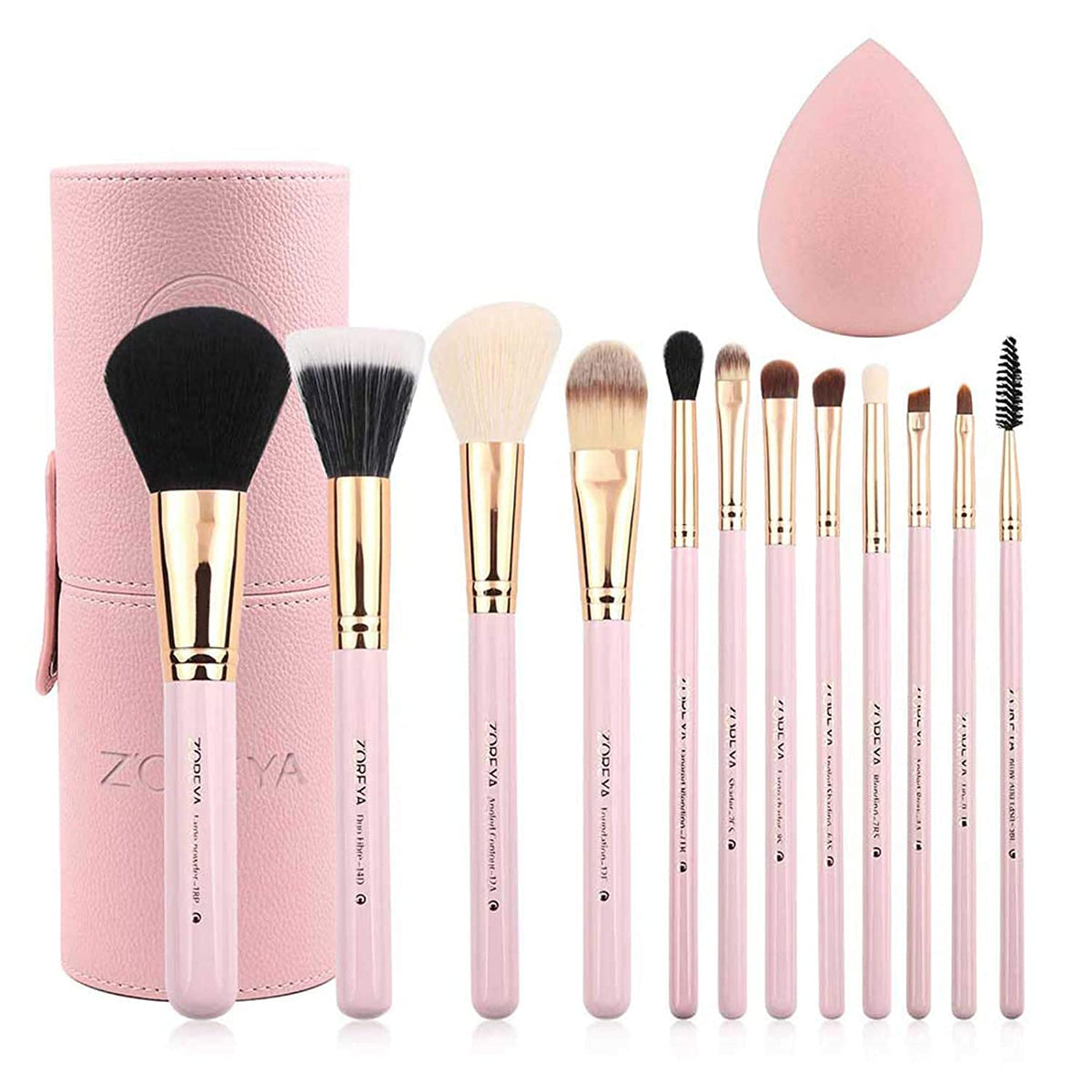 12-Piece Pink Synthetic Makeup Brush Set with Travel Holder and Organizer, Including Foundation, Powder, Contour, Blush, Eye Brushes, and Bonus Makeup Sponge